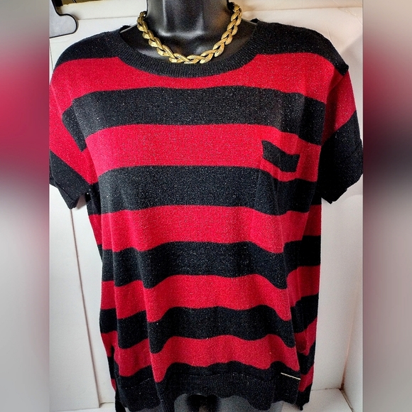 MICHAEL KORS RED BLACK STRIPED METALLIC LIGHTWEIGHT SWEATER SHORT SLEEVE, LARGE - Picture 1 of 3